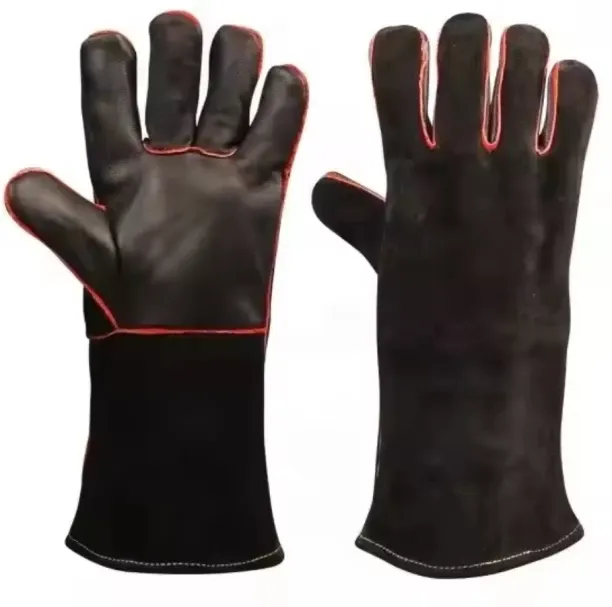 Herqona 36cm High Quality Leather & Suede Grilling Protection Gloves - Black Nylon  Safety Gloves