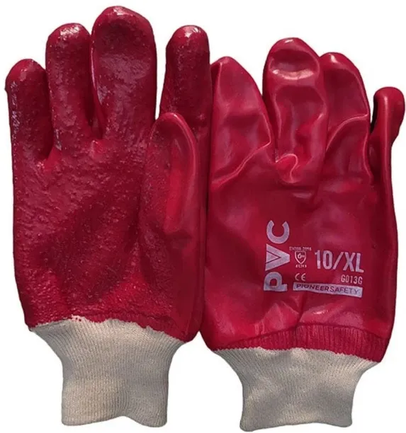Pioneer Safety PVC Coat Red Extra Heavy Duty Terry Palm Rough Knit Wrist Large Rubber  Safety Gloves