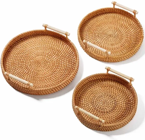 chenshia Boho Rattan Tray Set – Handmade Round Woven Baskets with Handles for Serving, Kitchen, and…