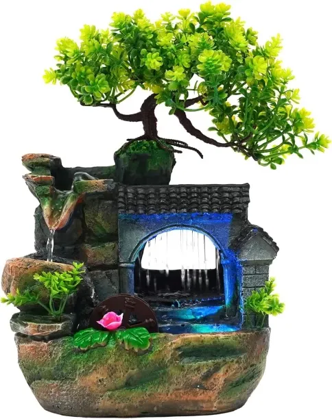 BOWENSTORE Tabletop Waterfall Fountain – 11 in Rockery Humidifier with Color-Changing LED Light, Ad…