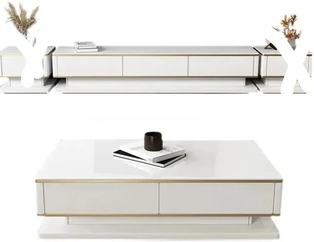 Premium White Wooden TV Stand And Side Table Set Solid Wood Console Table