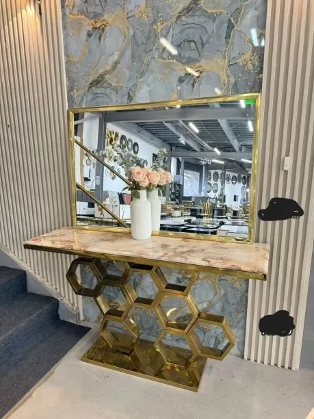 Honeycomb Set of Mirror & Metal Console Table