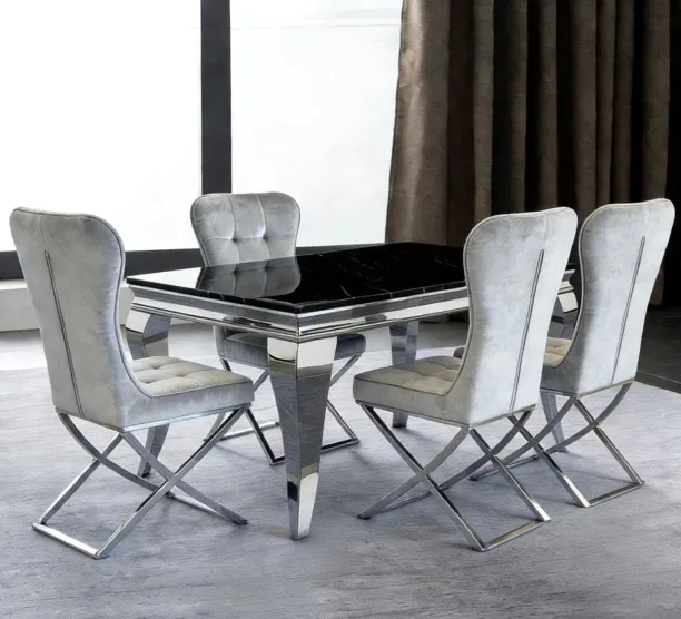 LUXY Rectangular Grey Dining Set – Table with Four Upholstered Chairs Metal Table & Chair Set