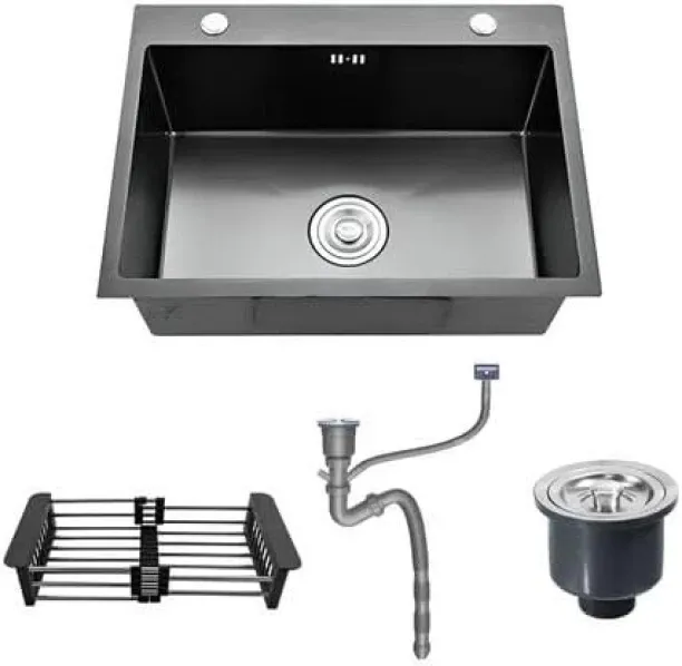 Pruchef Stainless Steel Single Bowl Kitchen Sink with Basket and Hose - Black Sink Plug