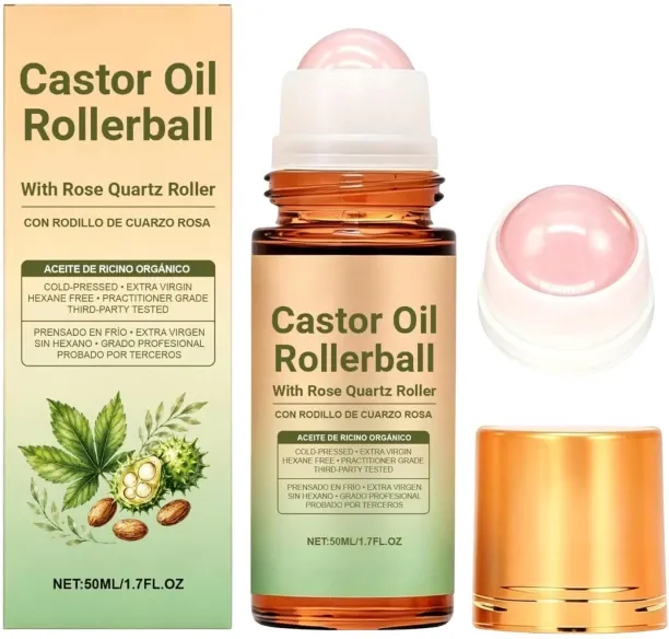 LIUHUI Organic Castor Oil Roll On with Rose Quartz Roller – 100% Cold Pressed Moisturizing Oil for …
