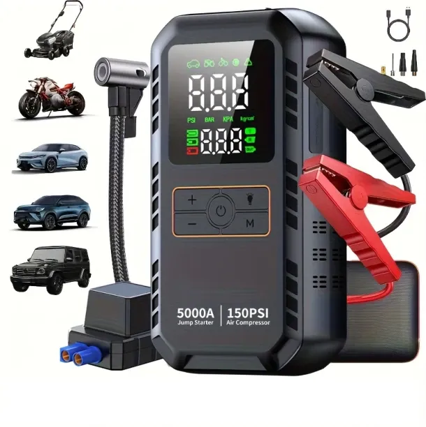 QISHI 7-in-1 Portable Jump Starter with Air Compressor, 150 PSI Air Pump for Car Tires, 5000A Peak …