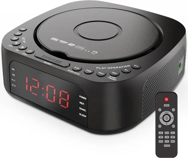 Wagu drum CD Player Alarm Clock with Remote:CD/MP3,Bluetooth,FM Radio with Speakers,USB Charger and…