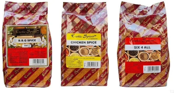 Exotic Spices BBQ Spice, Chicken Spice, Six 4 All spice