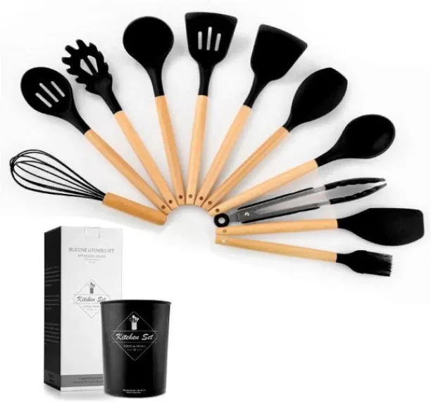Silicone 12 Piece Silicone Kitchen Utensils Set - Black Wooden Table Spoon Set