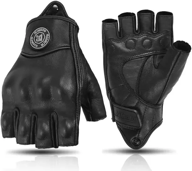 LAHDEK Retro Leather Motorcycle Half Finger Gloves Touchscreen Motocross Gloves Hard Shell Protecti…