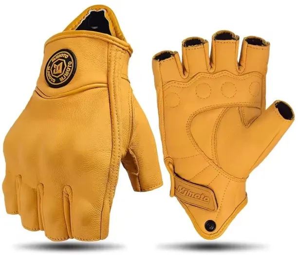 LAHDEK Retro Leather Motorcycle Half Finger Gloves Driving Gloves