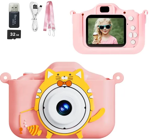Moucles Cute fishing cat Kids Camera, 2.0 Inch HD Screen Children’s Camera with 32GB Card & Reader,…