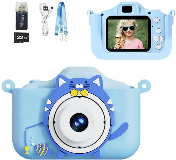 Moucles Cute fishing cat Kids Camera, 2.0 Inch HD Screen Children’s Camera with 32GB Card & Reader,…