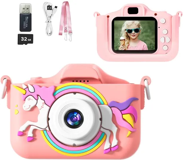 Moucles Cute Pony Kids Camera, 2.0 Inch HD Screen Children’s Camera with 32GB Card & Reader, Educat…