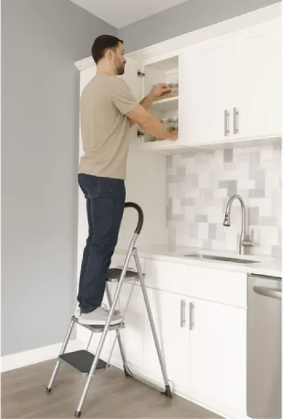 fancystuff 3-Step Ladder - Round Handrail, Steel, Safe Steel Ladder