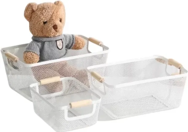 ShopMarket Steel 3-Piece Mesh Metal Storage Basket Set with Wooden Handles Storage Basket