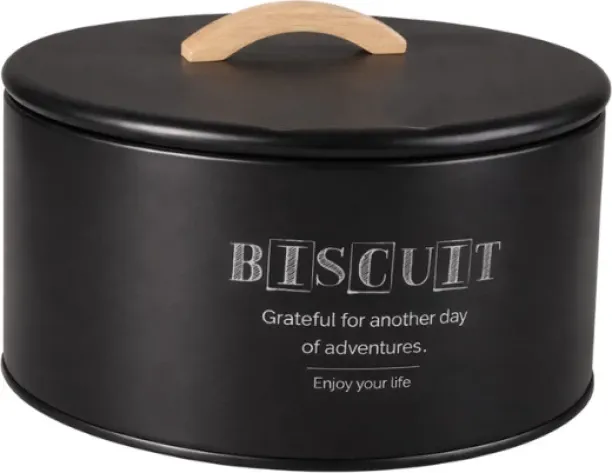 Takme Home Black Metal Biscuit Tin with Wooden Handle, Round Storage Container, Matte Finish Storag…