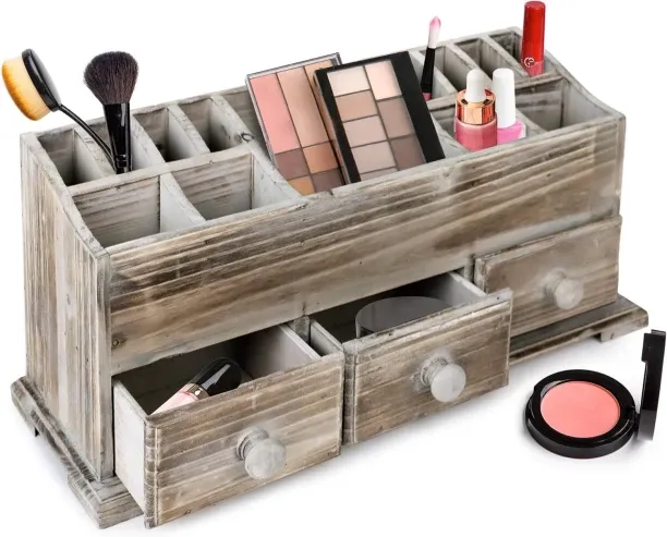 Lasonstiges Rustic Vanity Organizer for Cosmetics, Makeup, and Bathroom Accessories, Wooden Farmhou…
