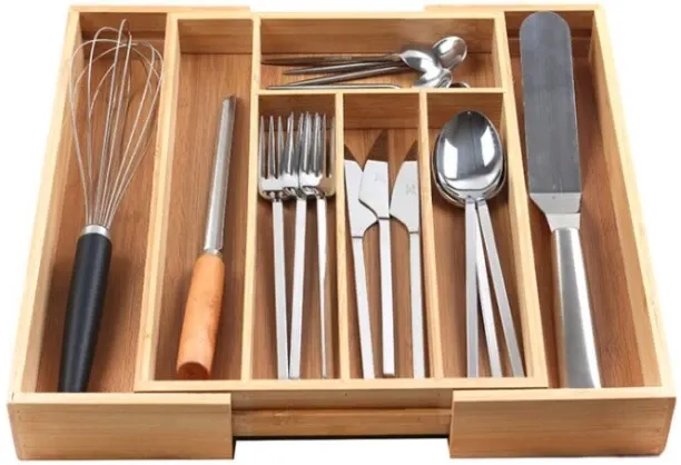 Takme Home 7 Compartments Wooden Bamboo Cutlery Drawer Expandable Cutlery Organizer Drawer Shelf Or…