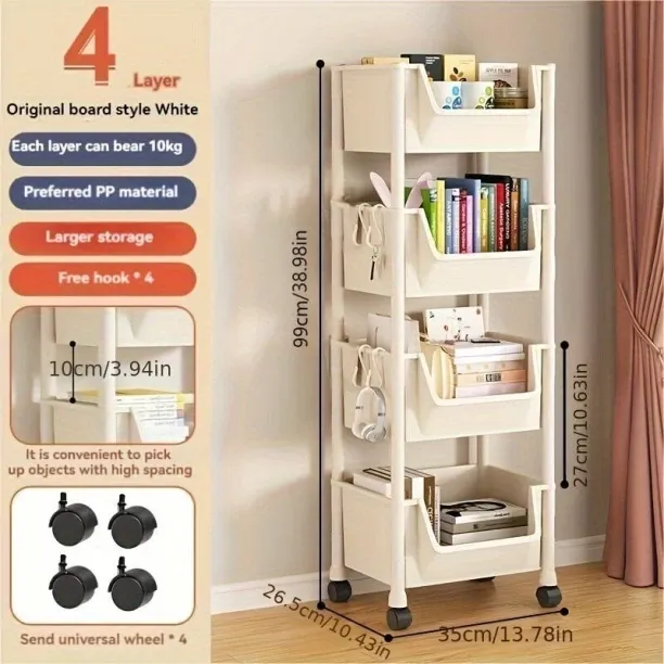 Huanix Four-tier plastic storage box with wheels, four-layer original board, off-white Plastic Orga…