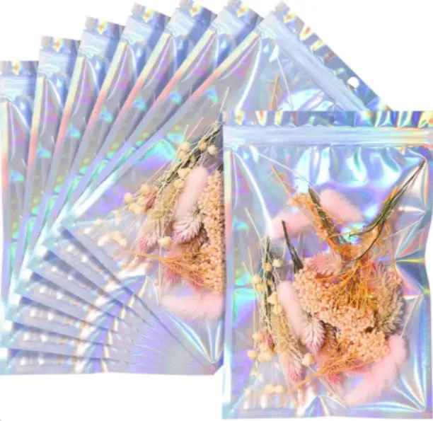 Miss Bliss Imports 200 Resealable Silver Holographic Window Bags Food Travel Packaging 12x20cm Plas…