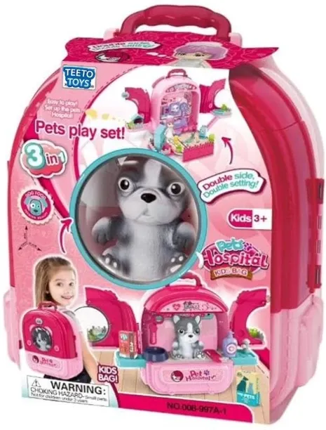 Teeto Toys 3-in-1 Pet Hospital Backpack Playset with Plush Toy Dog - Toys for Girls Role Play Toy