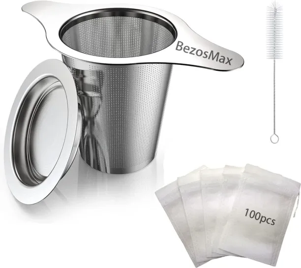 BezosMax Stainless Steel Tea Infuser Strainers with 100 Empty Bags, Tea Strainer Stepper with Doubl…