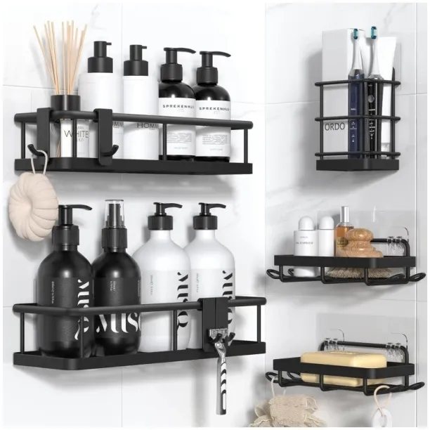MOREHOME 5-Piece Bathroom Shower Caddy Set, Black Wall Mount Organizer with 4 Hooks Stainless Steel…