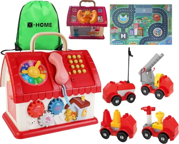 X-HOME Kids Fire Truck Station Toy Set - 4-in-1 Car Robot & Play Mat Combo Water Gun