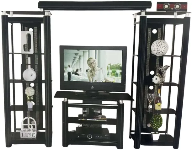 LUXY Modern Black Metal & Glass Entertainment Center Metal TV Entertainment Unit
