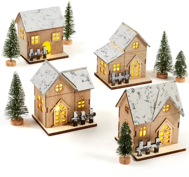 chenshia Wooden Christmas Village Houses and Trees, LED Lighted Wooden House for Christmas Decorati…