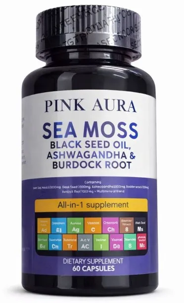 PINK AURA Seamoss, Black Seed Oil, Burdock Root, Ashwagandha Capsules