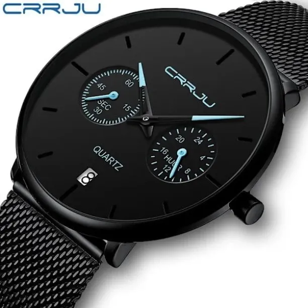 (blue) Men's Watches CRRJU Full Steel Casual Waterproof Watch for Man Sport Quartz Watch Men's Dres…