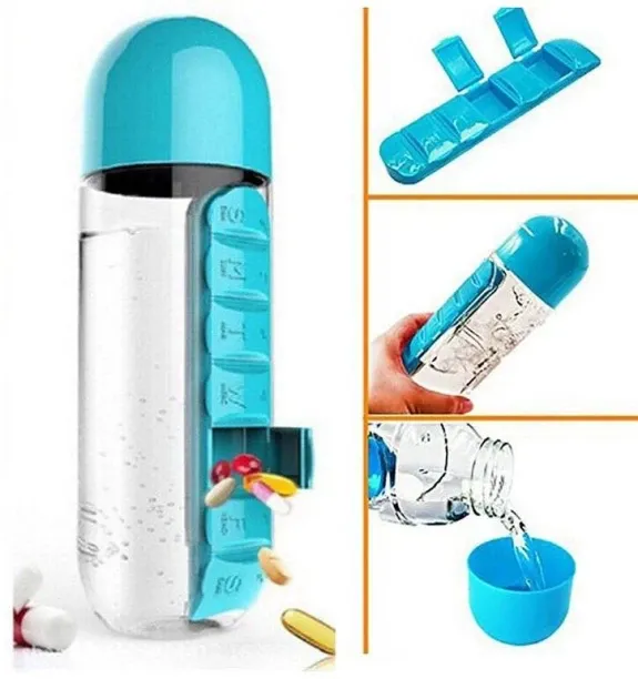 Water Bottle With Pill Organiser - Blue Water bottle 600 ml Water Bottle