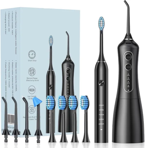SHIJIN Toothbrushing device, water toothbrush, electric toothbrush set in black color AC Rechargeab…