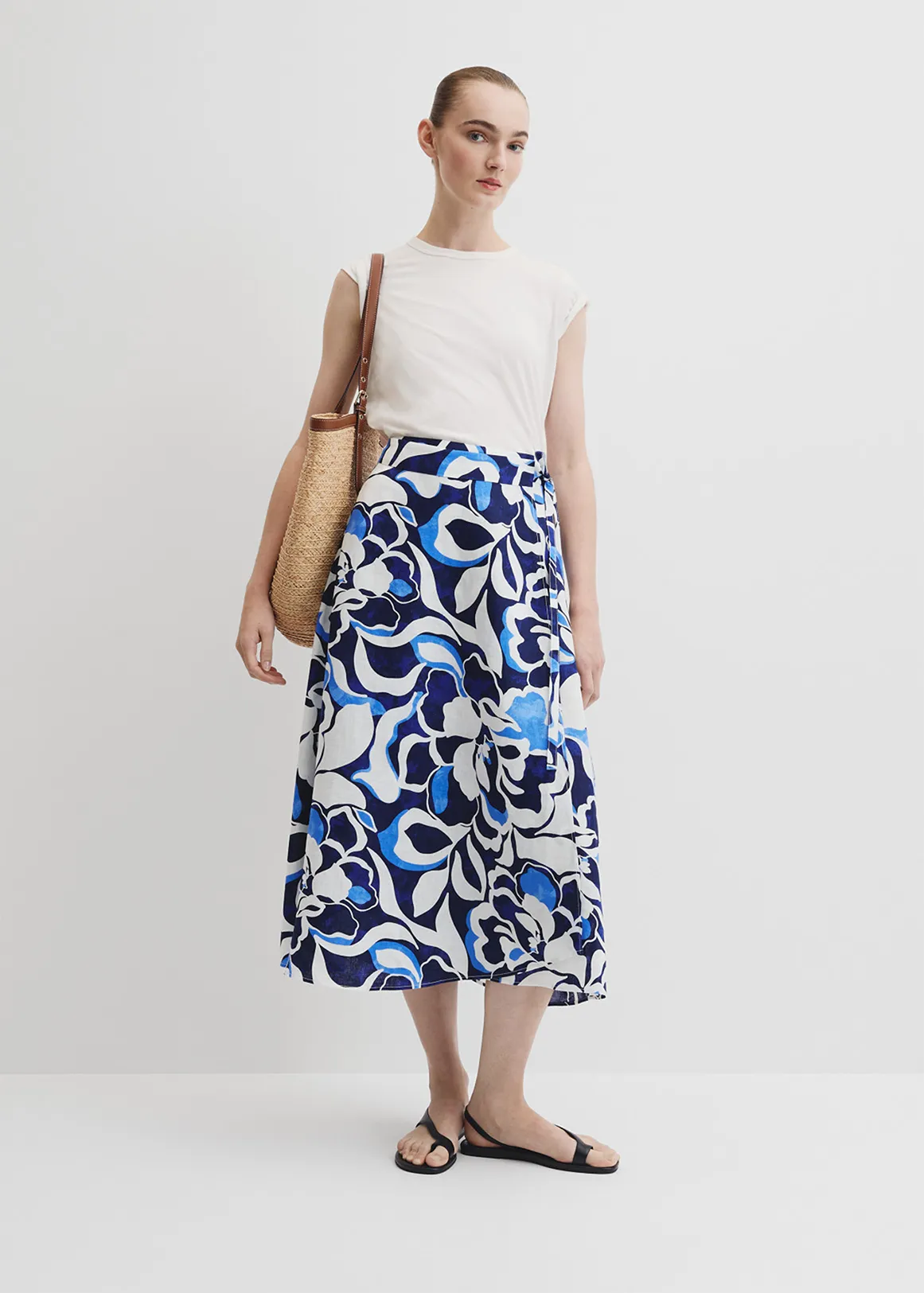 Organically Grown Linen Print Wrap Midi Skirt